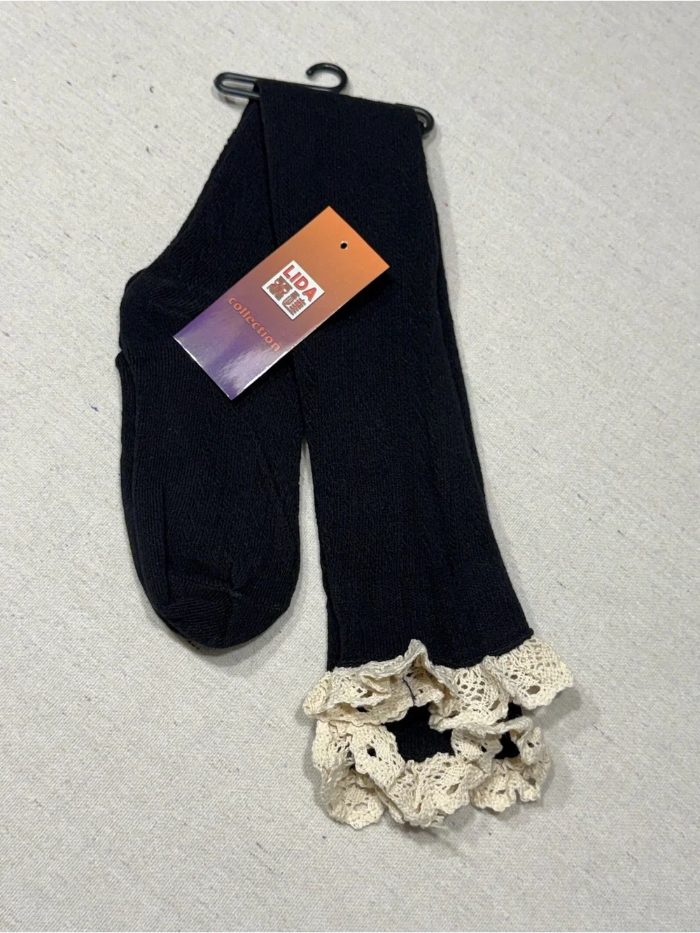 LIDA black knee-high socks cream-colored crochet lace ruffle trim -  OS - NWT